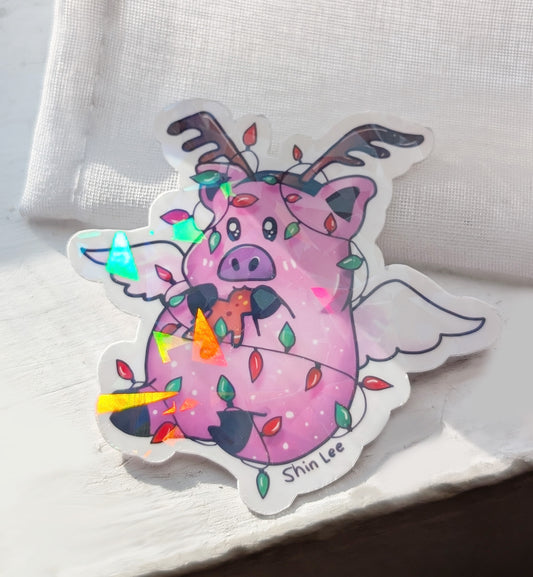 Flying Rein-Pig In the Lights Sticker