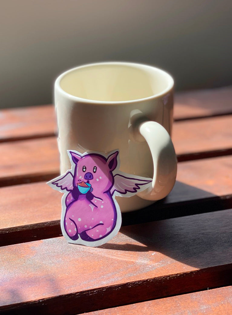 Flying Pig Drinking Tea Sticker