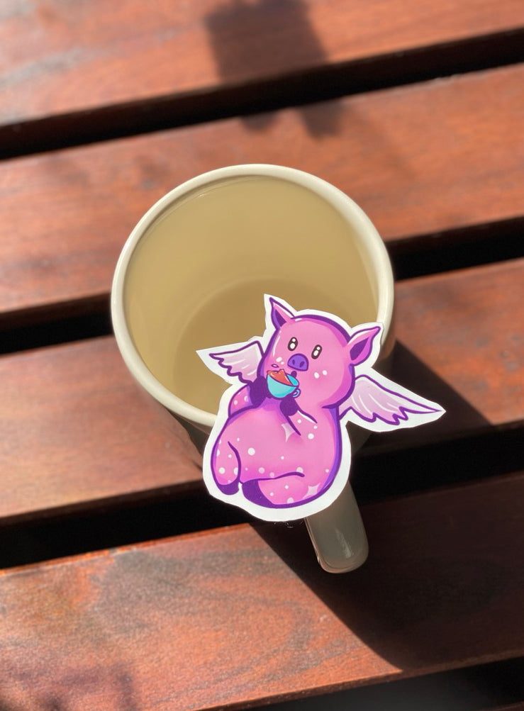 Flying Pig Drinking Tea Sticker